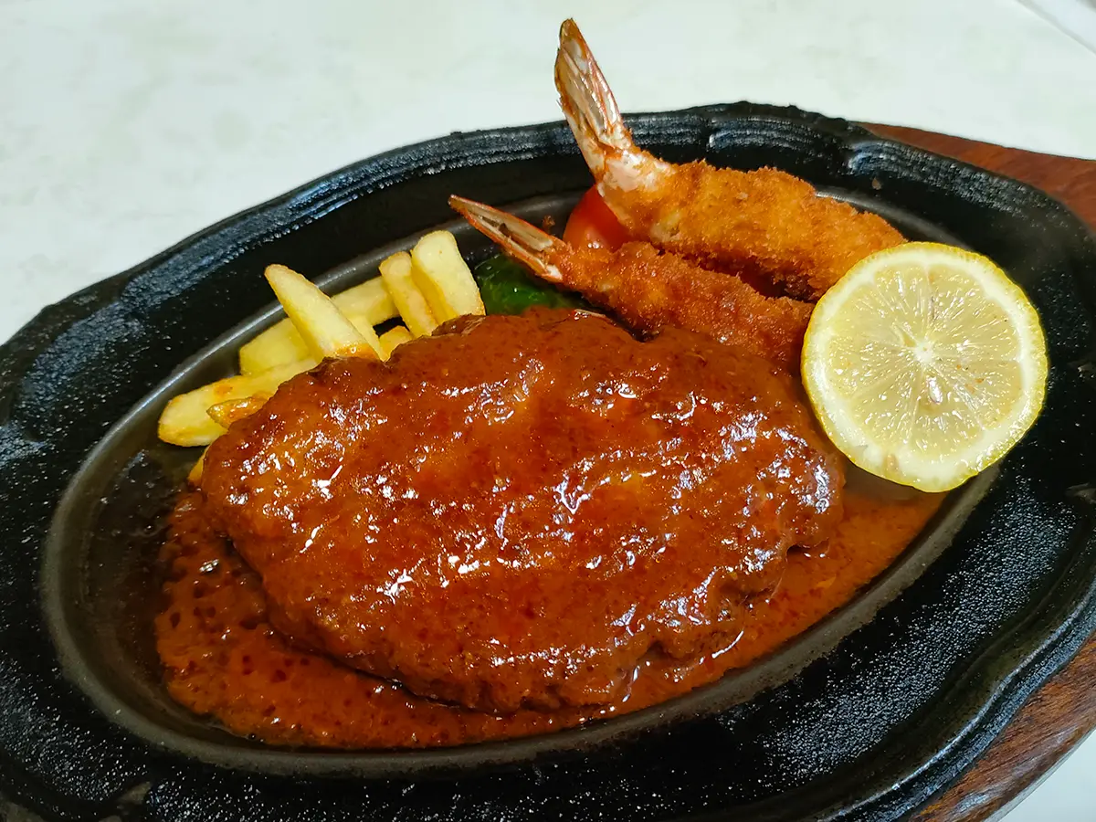 かつ亭　海老フライとハンバーグステーキの盛合わせ定食